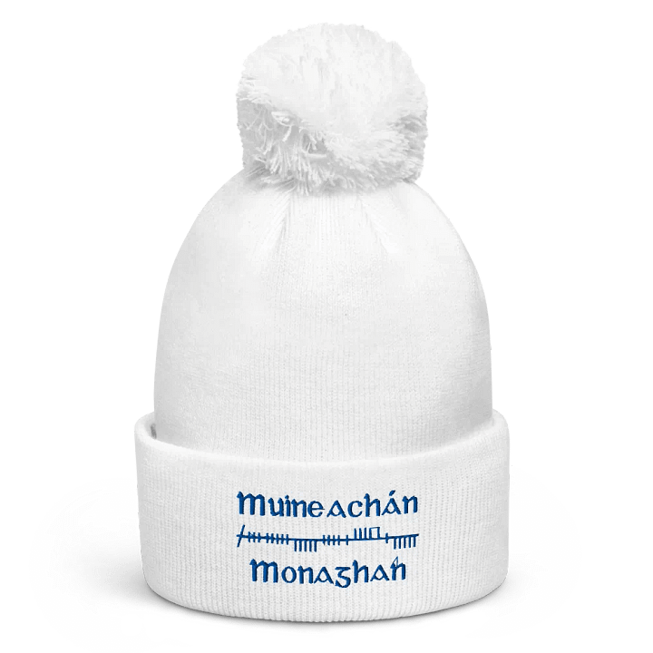 Monaghan/Muineachán Orthodox Ogham, white with blue, embroidered Pom-Pom Beanie product image (1)