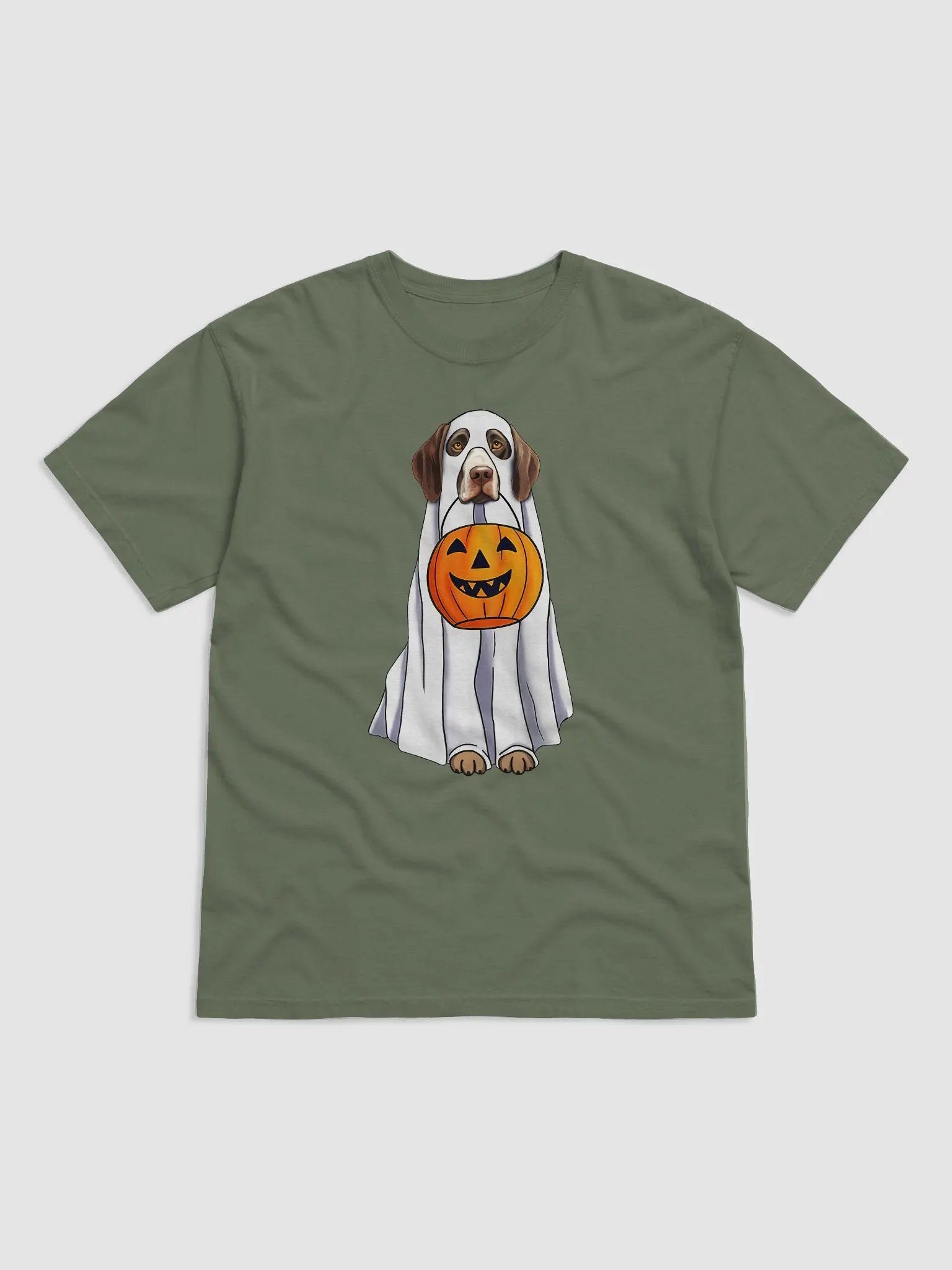 German Shorthaired Pointer Halloween Tee | Funny Halloween GSP Wearing a Ghost Costume with Pumpkin Basket product image (2)