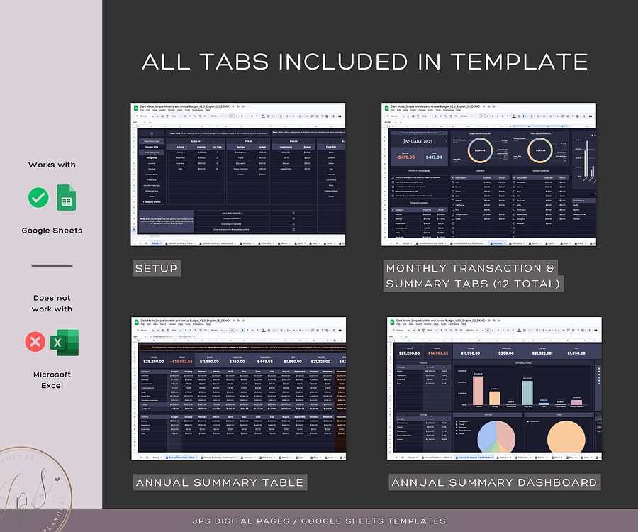 Monthly and Annual Budget Spreadsheet (Dark Mode) product image (9)