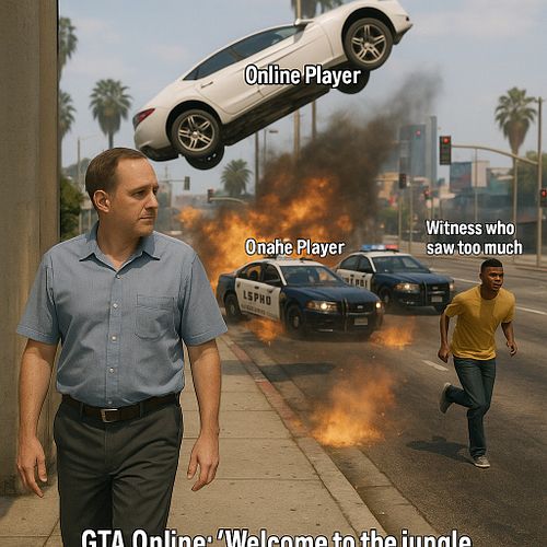 🎮💥 Just another peaceful day in GTA Online...
Trying to grab a snack from the store and suddenly:

🚗💨 Online Player flies pas...