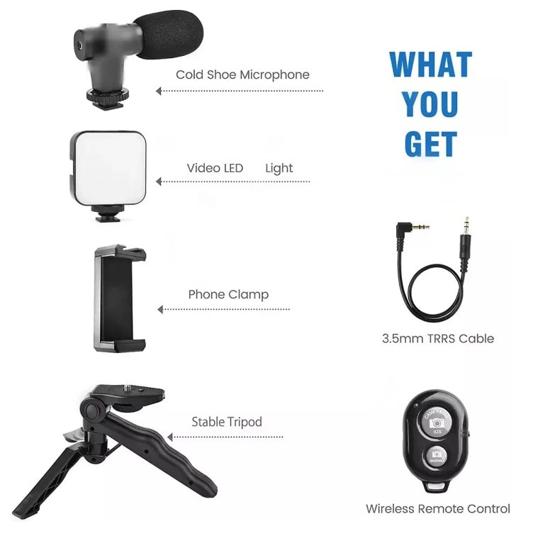 Vlogging Kit For Video Making With Mic Mini Tripod Stand, LED Light & Phone Holder Clip For Making Videos product image (5)