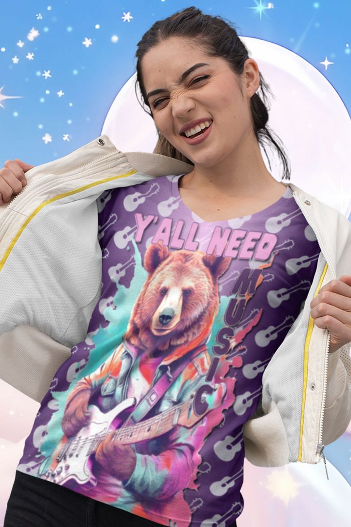 Y'all Need Music Bear All Over Print T-shirt product image (1)