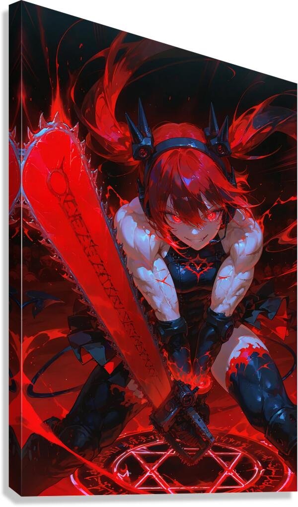 Demon Anime Girl with Chainsaw – Dark Fantasy Gothic Art Premium Print product image (3)