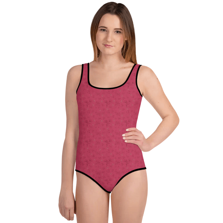Gold Leaves and Chocolate Flowers on Magenta Youth Swimsuit product image (2)