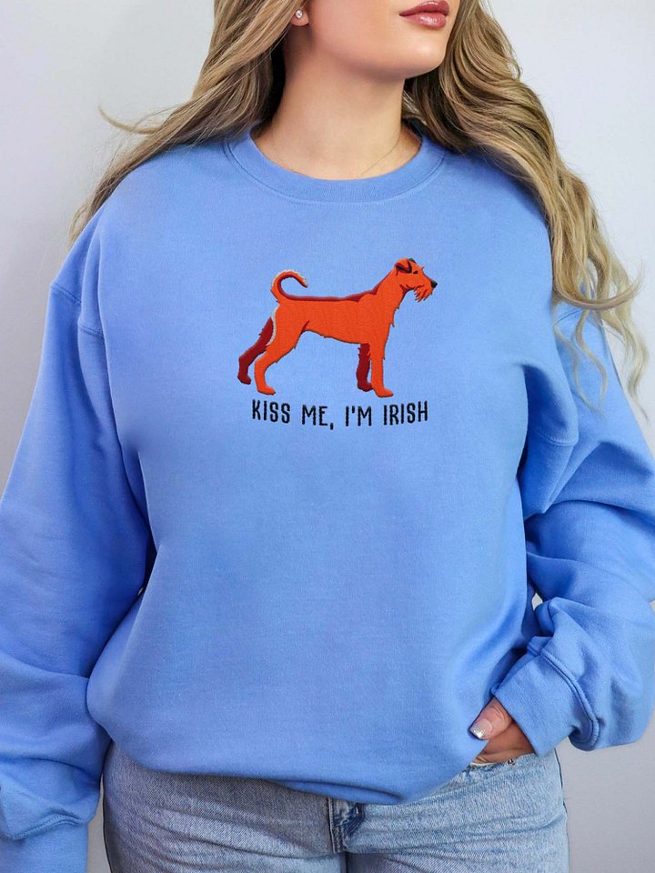 Kiss Me, I'm Irish Sweatshirt (Embroidered) of an Irish Terrier(Red) product image (2)