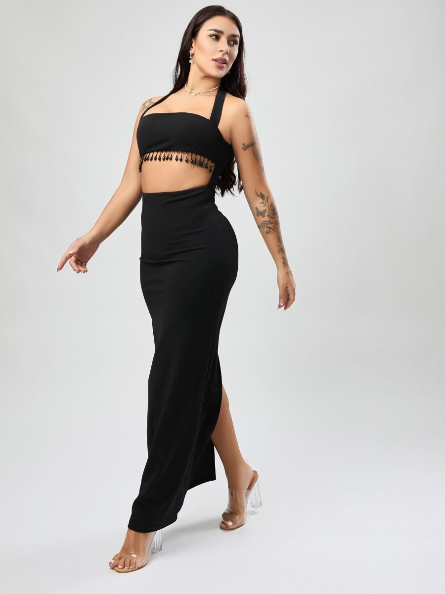 Wholesale high quality sexy stylish medium stretch beaded decor hollow maxi dress product image (4)