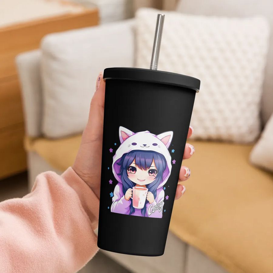 Cozy Kawaii Anime Girl 20 oz Tumbler Cup - Black - Insulated Tumbler with a Straw product image (3)