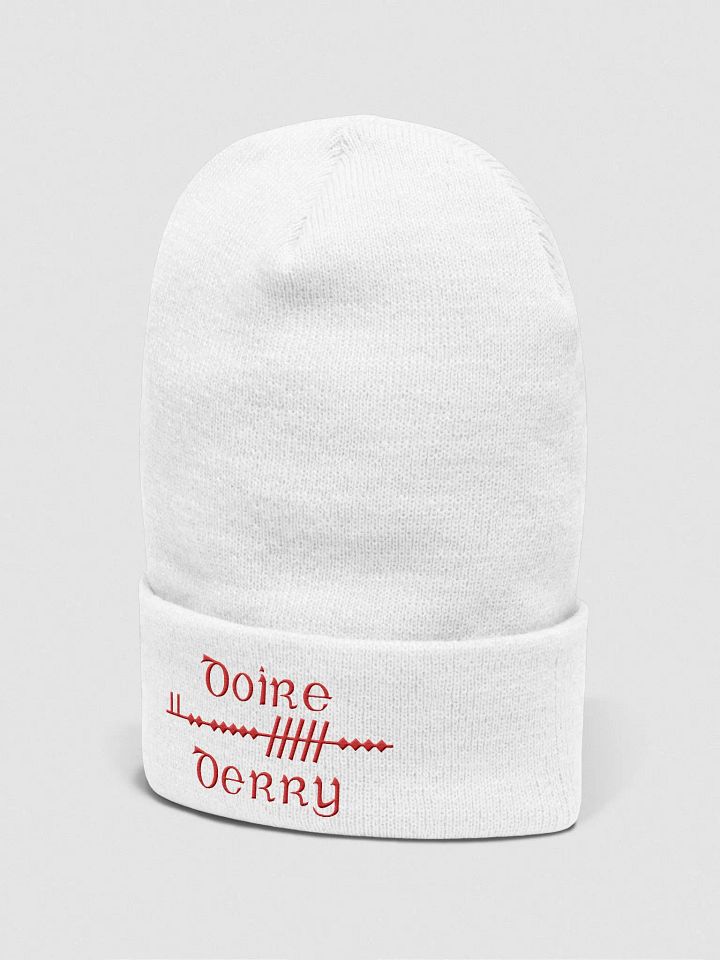 Derry/Doire, Scholastic style Ogham, white with red, embroidered Cuffed Beanie product image (2)