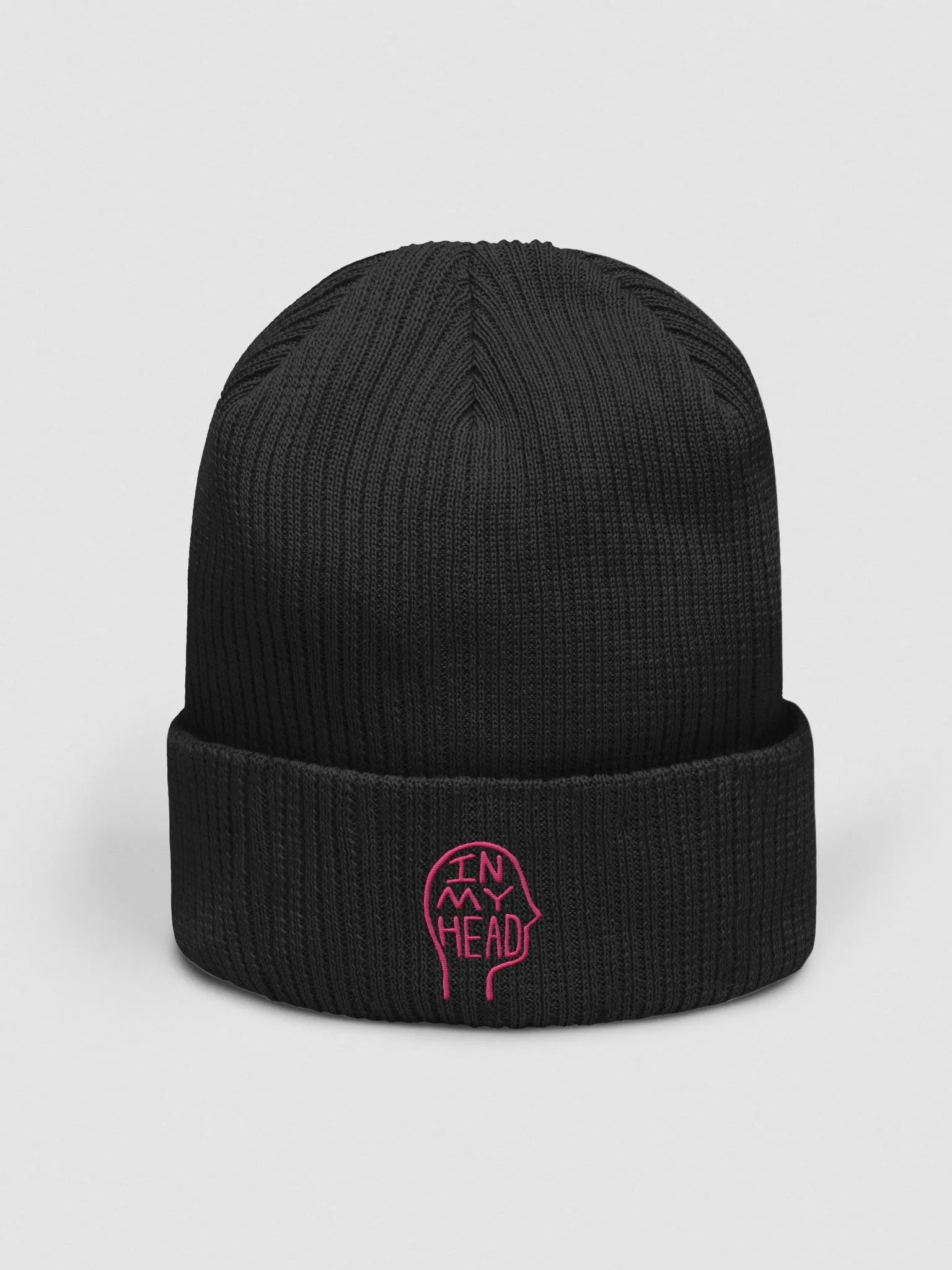 In My Head (pink) embroidered organic beanie product image (1)