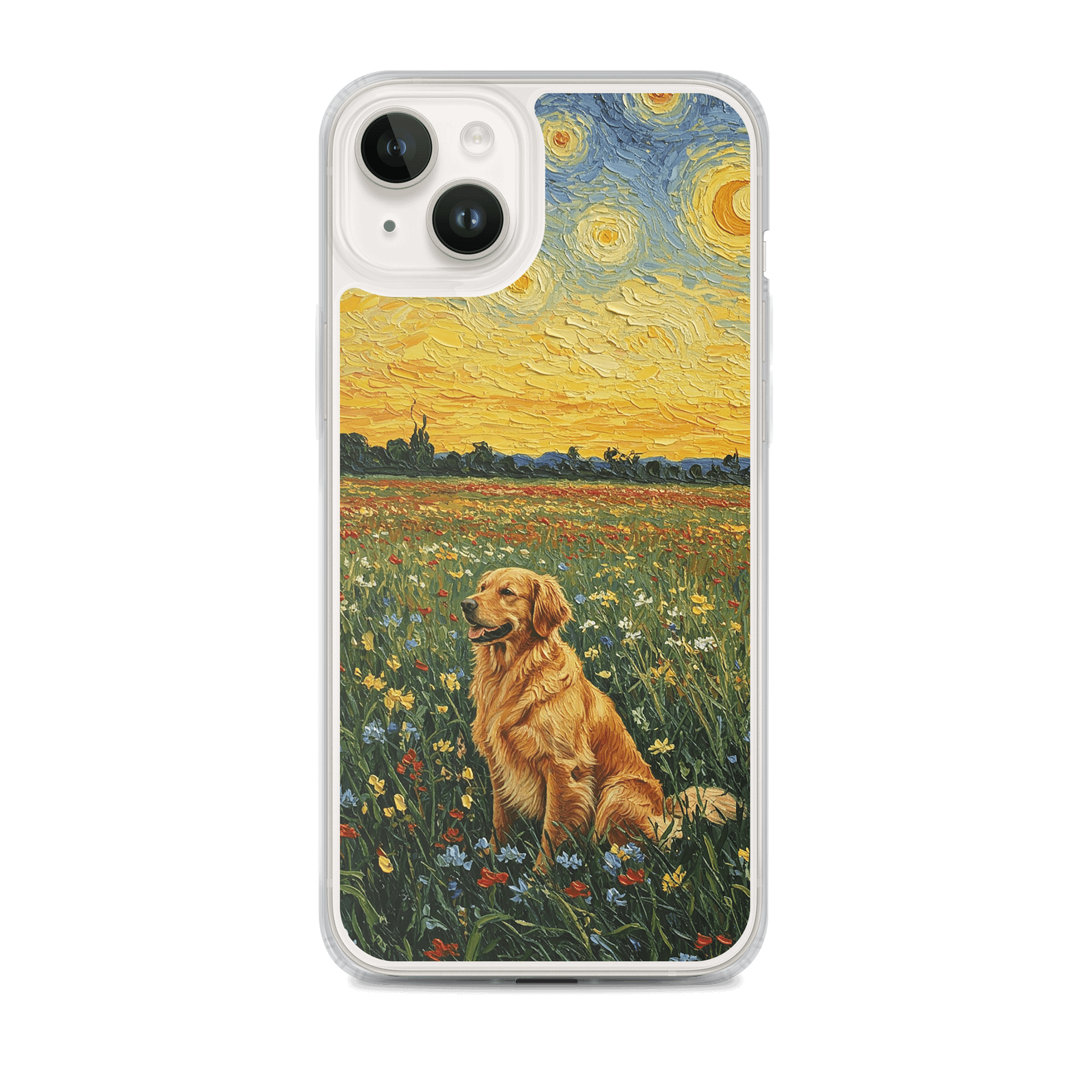 Golden Retriever in Sunset Flower Field Van Gogh Style Art iPhone Clear Case product image (1)
