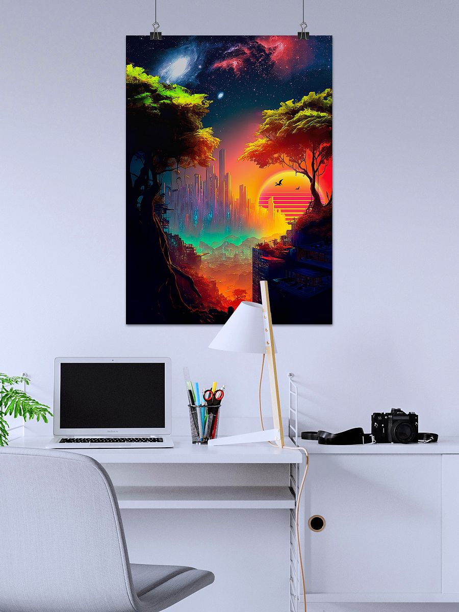 Synthwave cyberpunk city in a forest — surreal space collage art, futuristic sci-fi collage product image (2)