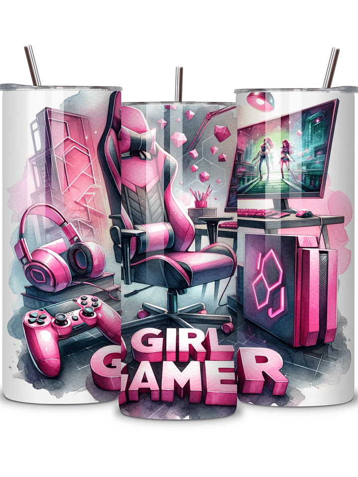 Girl Gamer 20oz Skinny Tumbler with Metal Straw – Pink Gaming Setup Design with Controller and Headset – Double-Walled Insulated Stainless Steel Tumbler for Hot & Cold Drinks product image (2)