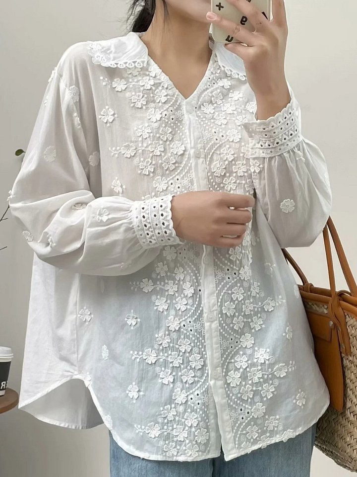 Three-dimensional Flower Embroidered Lapel Single-breasted Long Sleeve Shirt For Women product image (1)