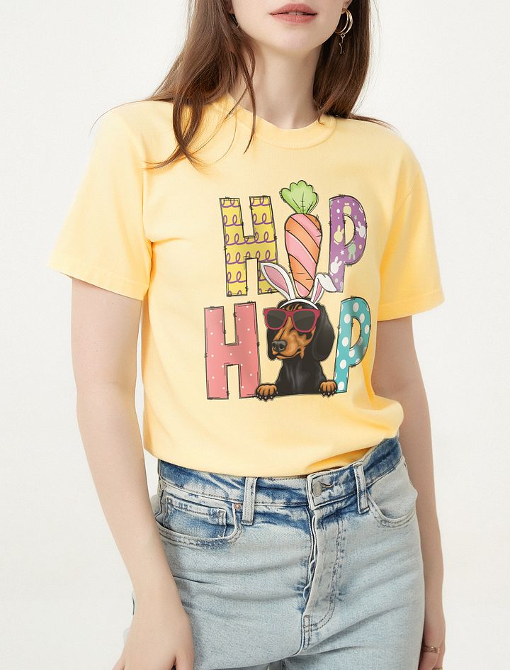 Hip Hop Easter Dachshund T-Shirt | Cute Easter Day Wiener/Doxie Wearing Bunny Ears and Sunglasses T-Shirt product image (1)