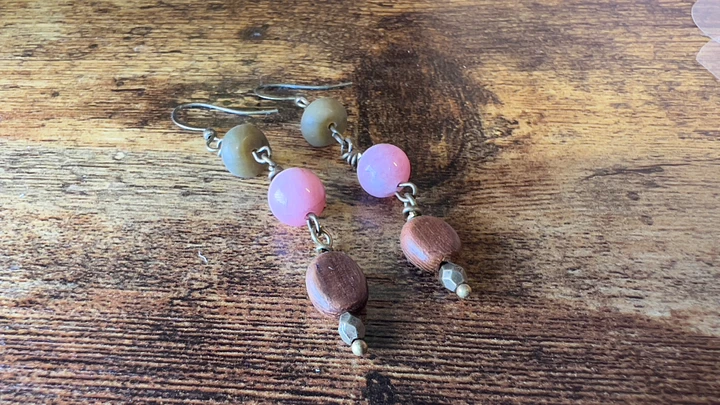 Earrings - Soocho Jade, Pink Agate, Wood Beads, and Faceted Pyrite - Hand-made by JB product image (1)