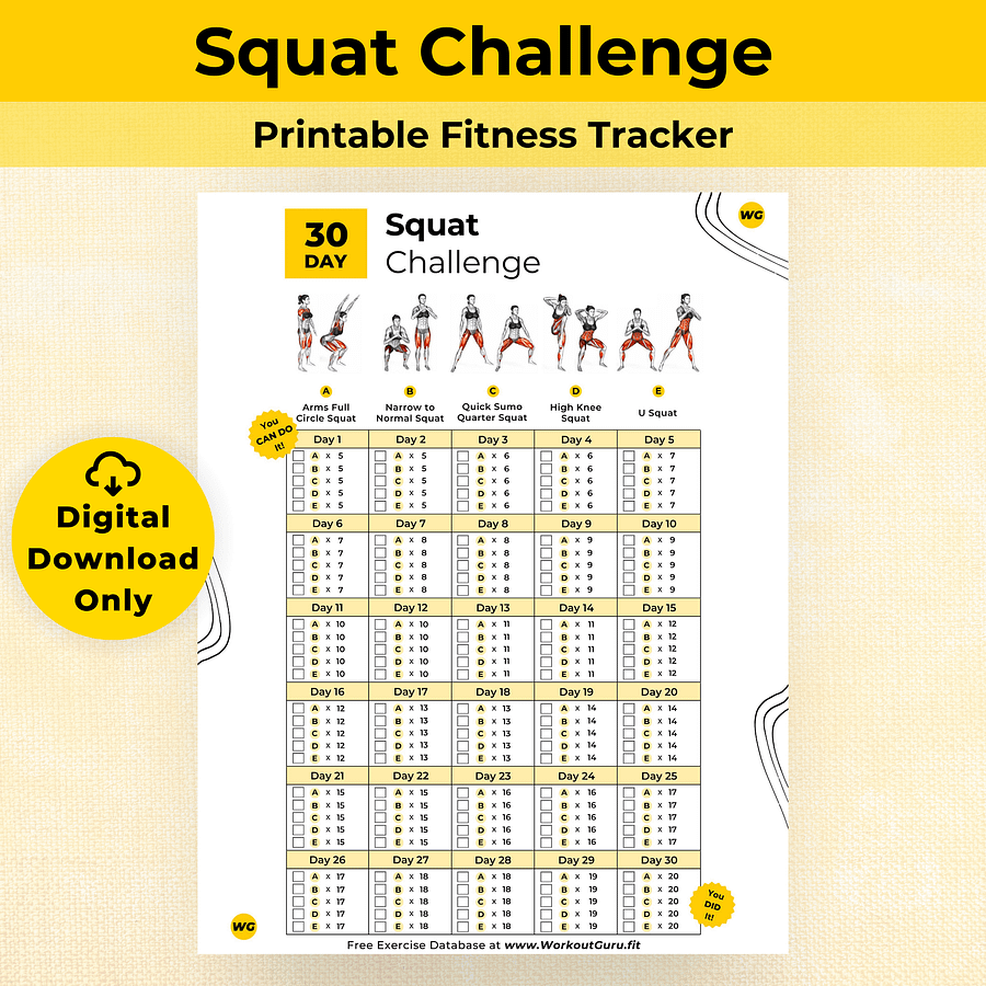 30 Day Squat Challenge - Printable Workout Tracker product image (1)