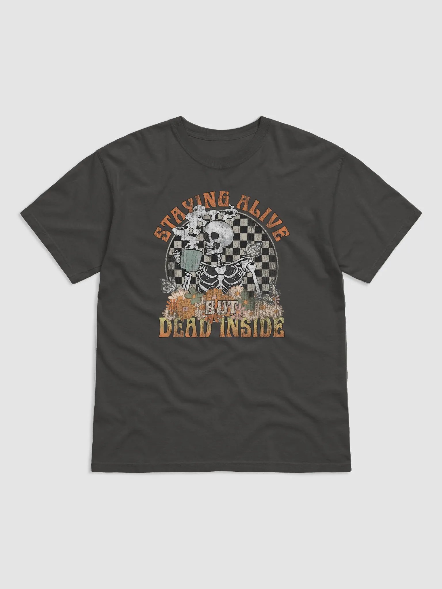 Staying Alive but Dead Inside Skeleton Drinking Coffee T-Shirt | Funny Fall and Halloween Skeleton Design for Coffee Lovers product image (23)