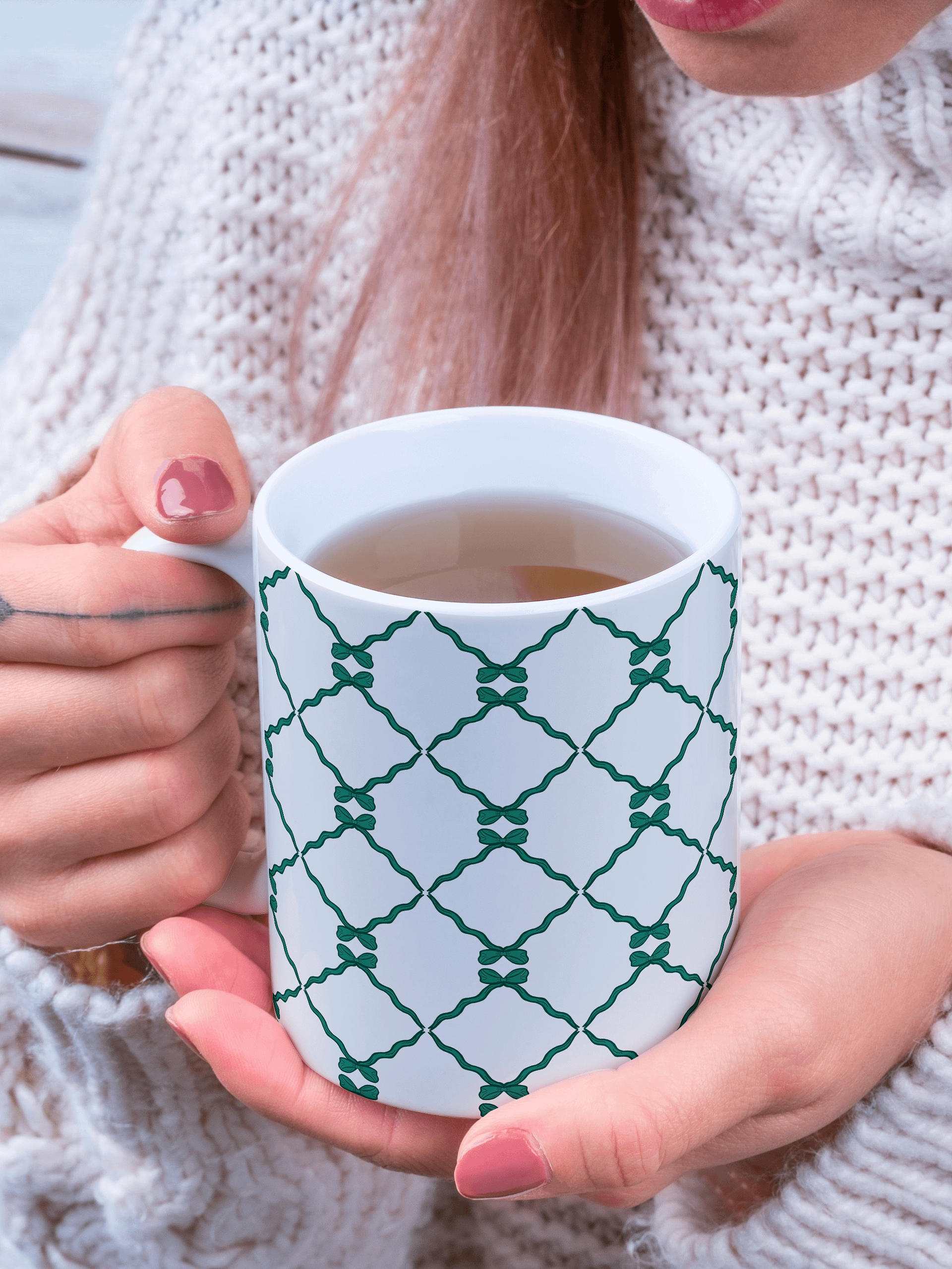 Bows and Ribbon Pattern Mug in White and Green product image (1)