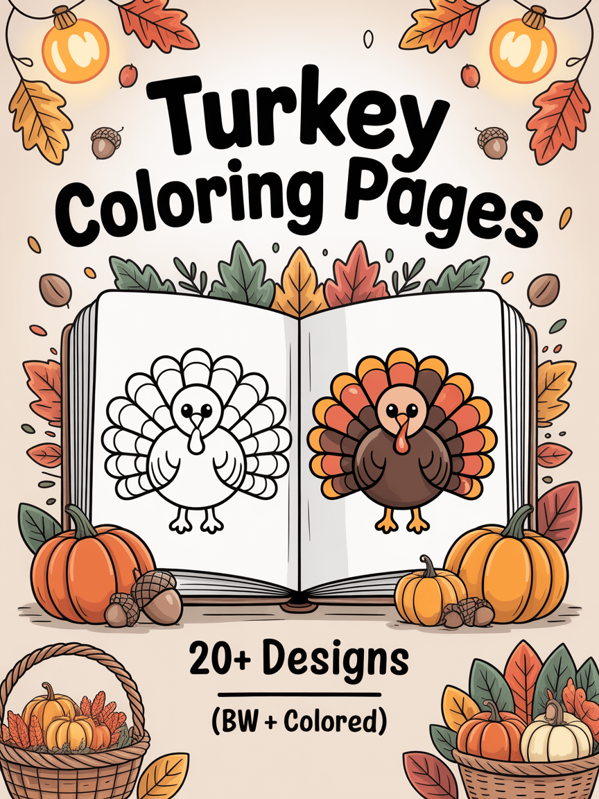 Turkey Coloring Pages | 20+ Cute Thanksgiving Designs | Black & White + Colored Reference Pack product image (1)