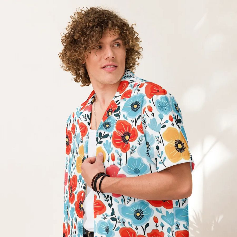 Retro Poppies Blue Red Hawaiian Shirt product image (7)