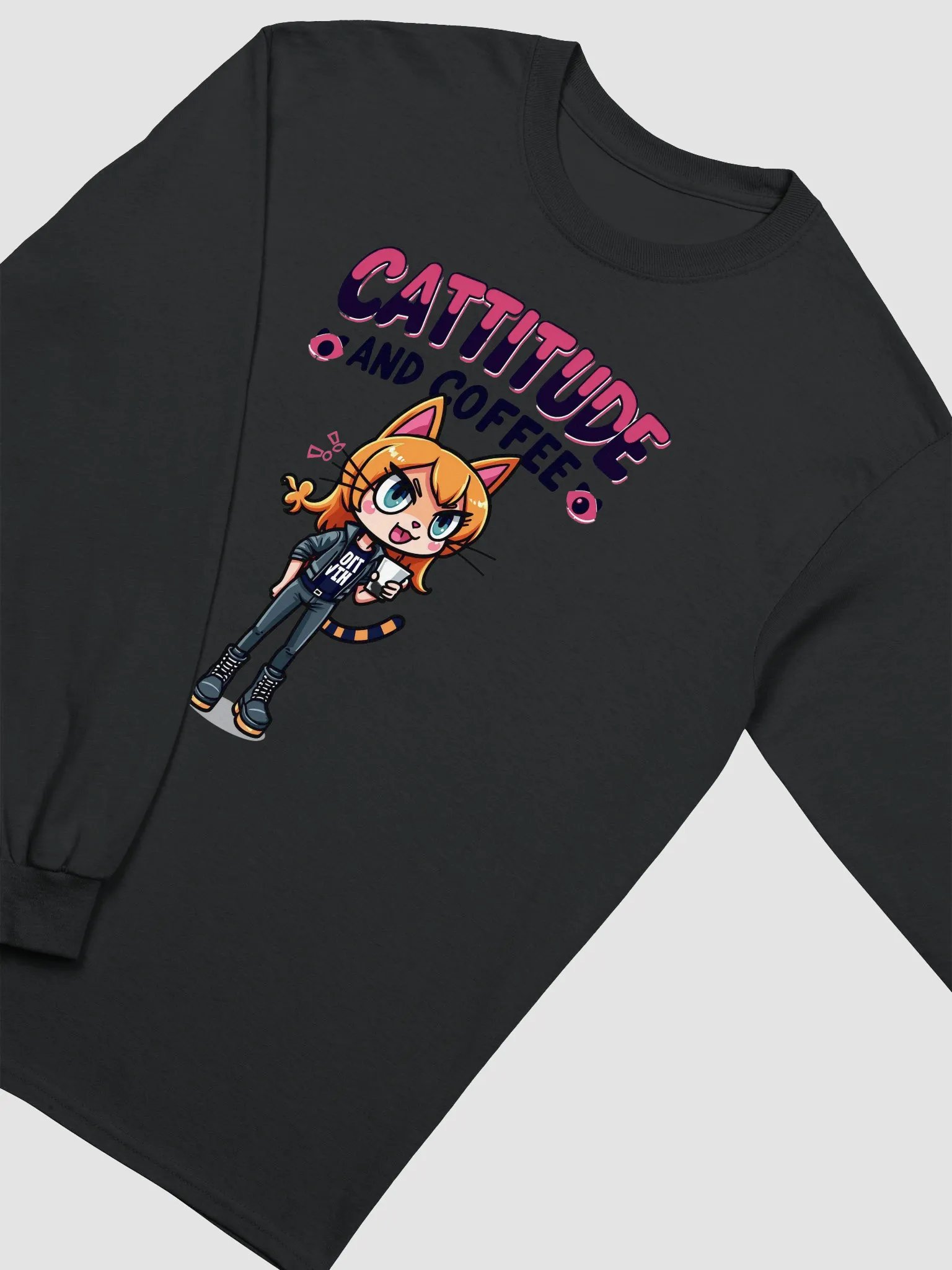 Cattitude and Coffee Cartoon Long Sleeve Tee product image (34)