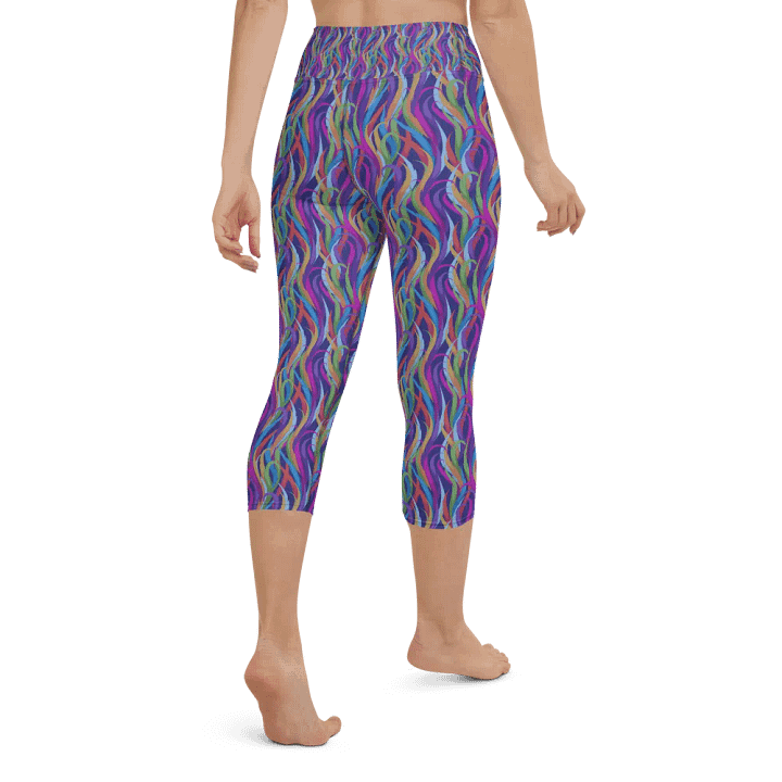 Yoga capri  leggingsmodern blue mauve and turquoise  design on black background product image (1)