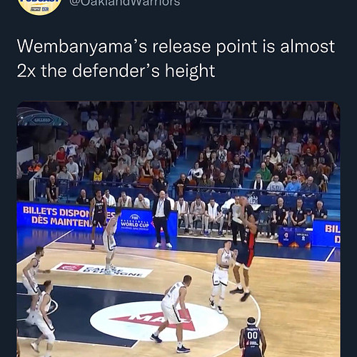 Wembanyama’s release point is legit almost twice the height of his defender on this one-legged floater. 
.
.
.
#wembanyama #w...