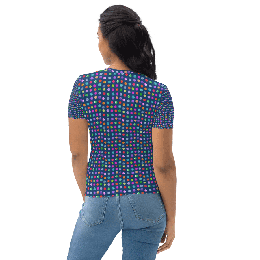 Ladies all over print t shirt navy with watercolor dots design. Ideal or casual as well as evening wear. product image (7)