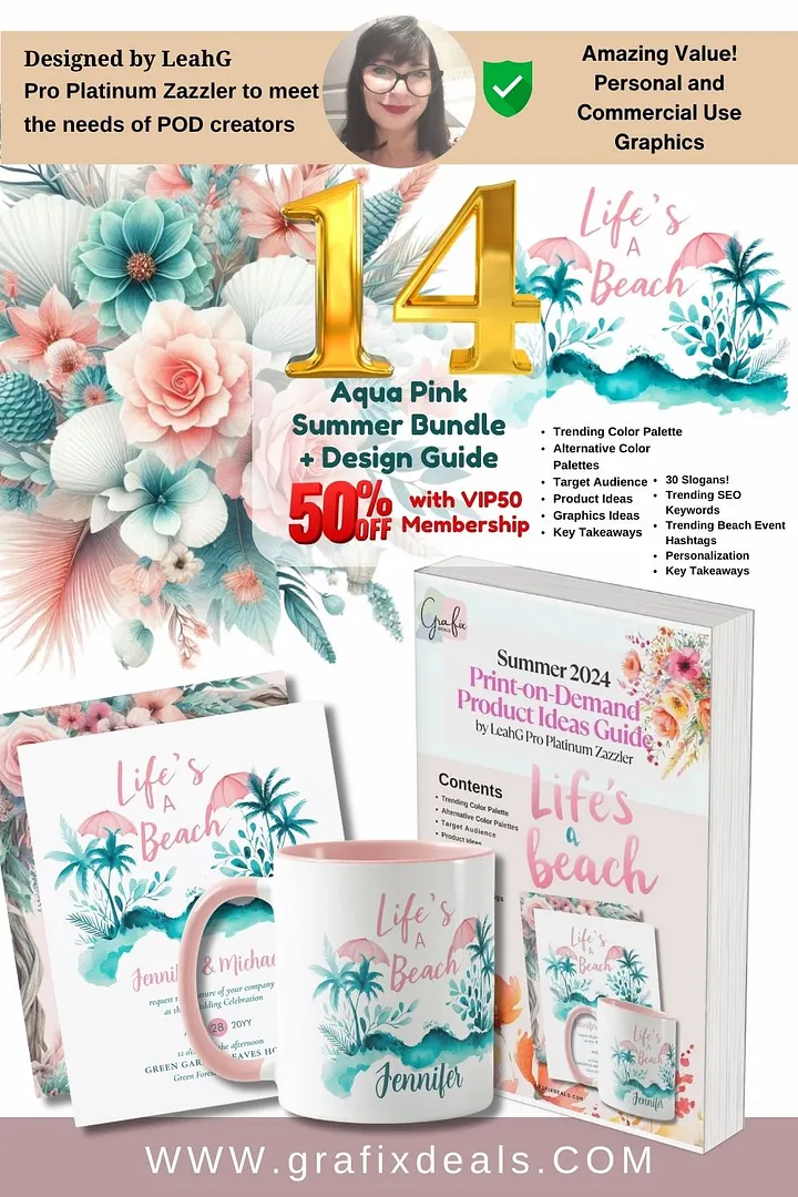 Aqua Pink Floral Graphics Commercial Clip Art plus Zazzle Summer Print on Demand Trends Niche Design Guide product image (1)
