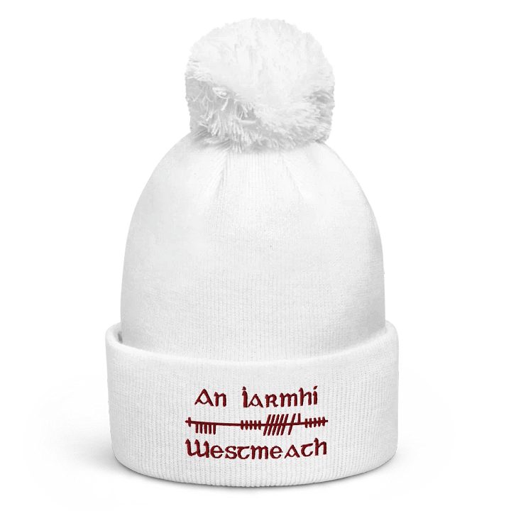Westmeath/An Iarmhí, Orthodox style Ogham, white with maroon, embroidered Pom-Pom Beanie product image (1)