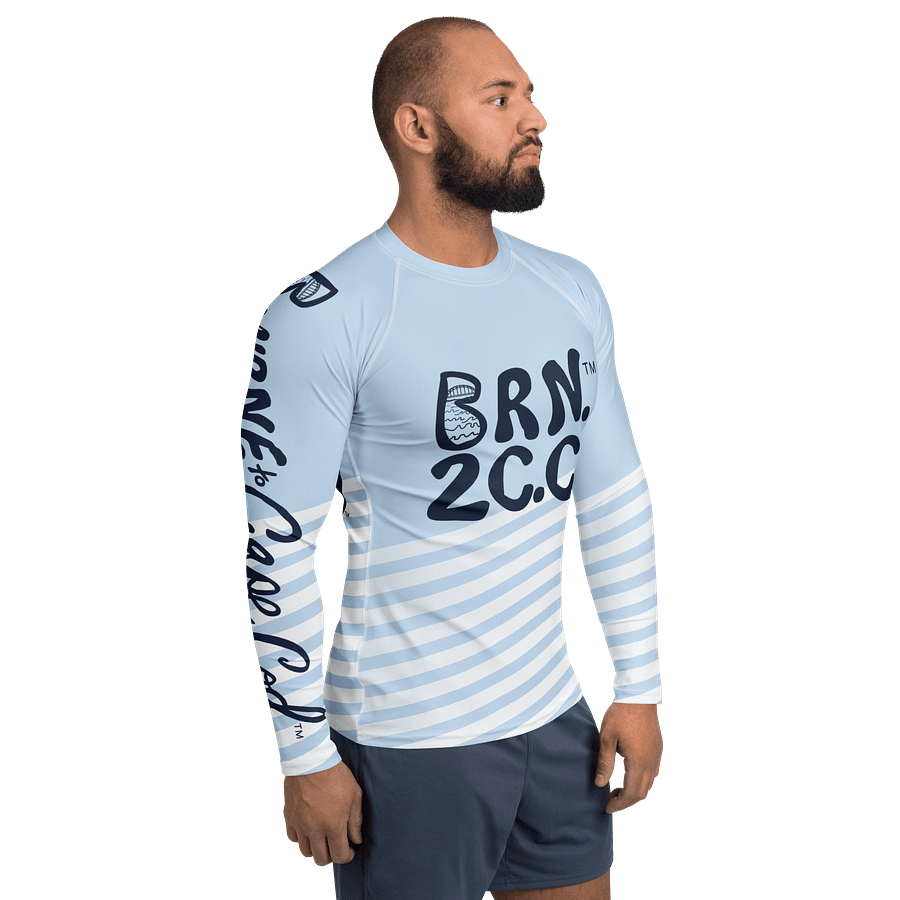 BRN.2C.C.™ /BOURNE to Cape Cod™ | Men’s Long Sleeve Rash Guard | UPF 50+ Active Coastal Shirt | Navy Blue Logos on Skyline Stirpes product image (6)
