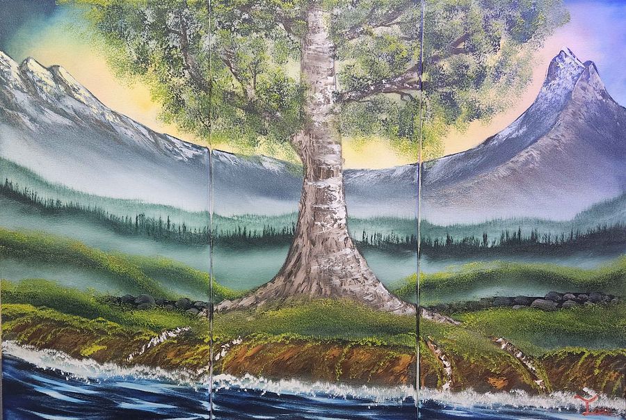 The Misty Dawn (Original) 3 Individual 12x24 Canvases make up this 36x24 piece product image (3)