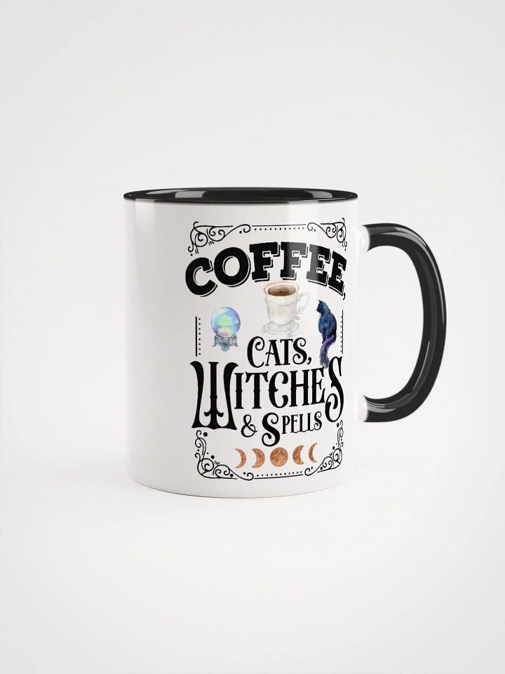 Coffee, Cats, Witches, and Spells WHITE WITH BLACK HANDLE MUG - Witchy, Kitchen Witch, Magic Kitchen Gift product image (2)