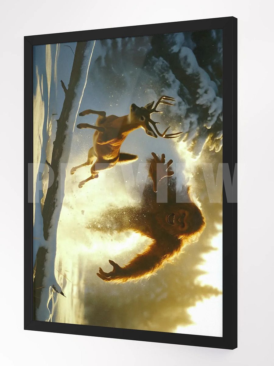 Red Devil Ambush – Bigfoot vs. Whitetail | 24x18 Framed Cryptid Art Print product image (6)