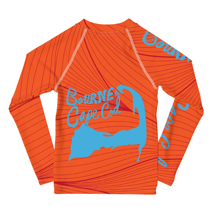 Boys' | Kids Rash Guard | BRN.2C.C.™ Front Print | BOURNE to Cape Cod™ Back & Sleeve Logo | Coastal UV Shirt for Active Kids | Slim Fit Swim Top | Blue Logo on Red and Orange product image (2)