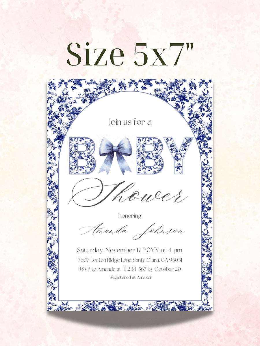 Blue Toile de Jouy and Bow Baby Shower Invitation, Chinoiserie Floral Theme, Boy Baby Shower Invite for Digital Download product image (4)
