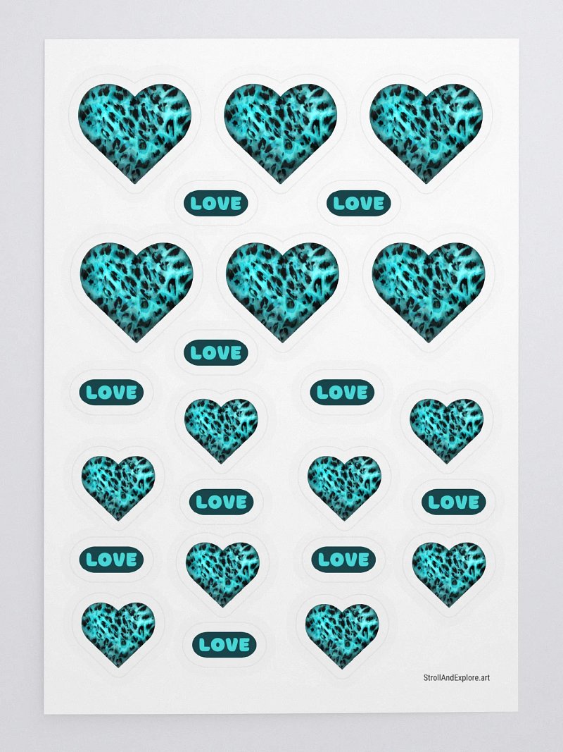 Leopard Skin Teal Hearts - Sticker Sheet