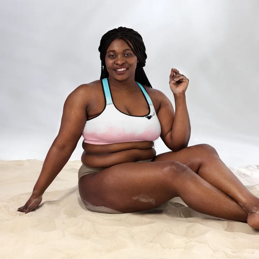 Bull's horns design with Background fill of water pink and blue gradient-All-Over Print Padded Sports Bra. product image (5)