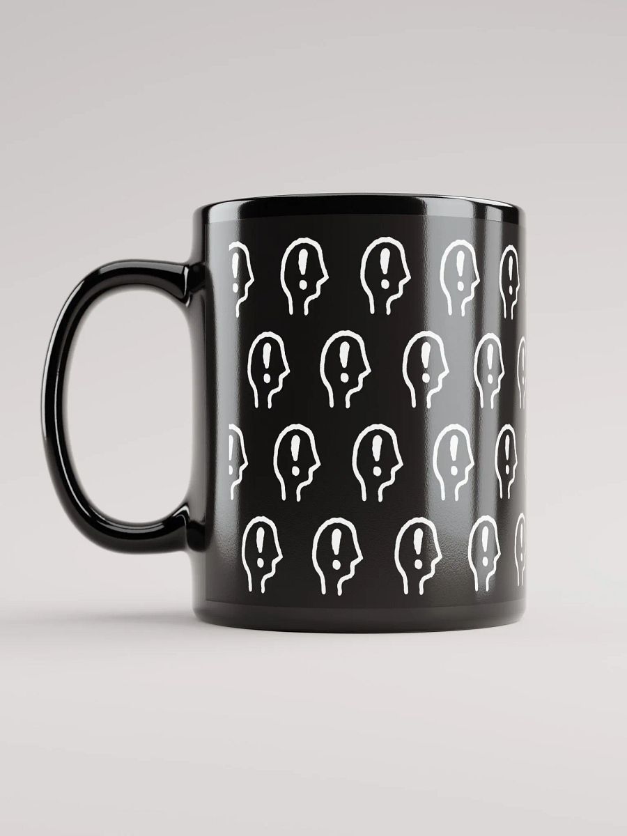 EXCLAIMING MENTALLY (white repeating design) glossy black mug product image (11)