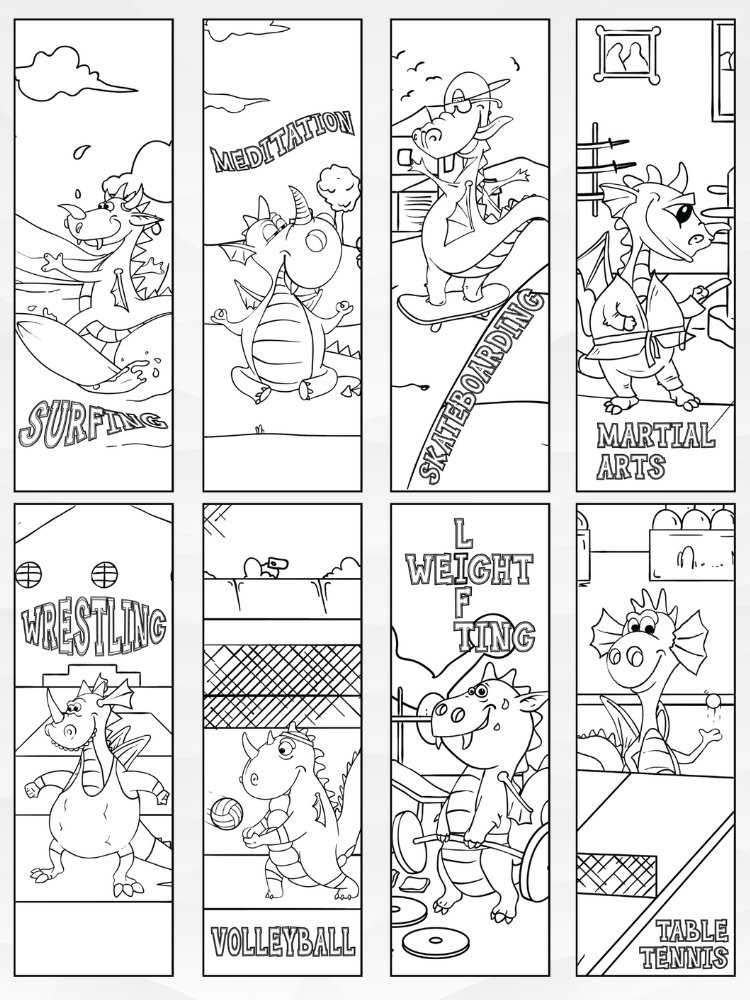 Printable Dragons Playing Sports Coloring Bookmarks - 2