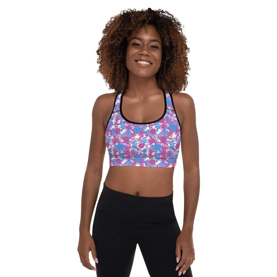 padded sports bra in  blue and pink colors tropical leaves design. Perfect for holiday vibes product image (7)