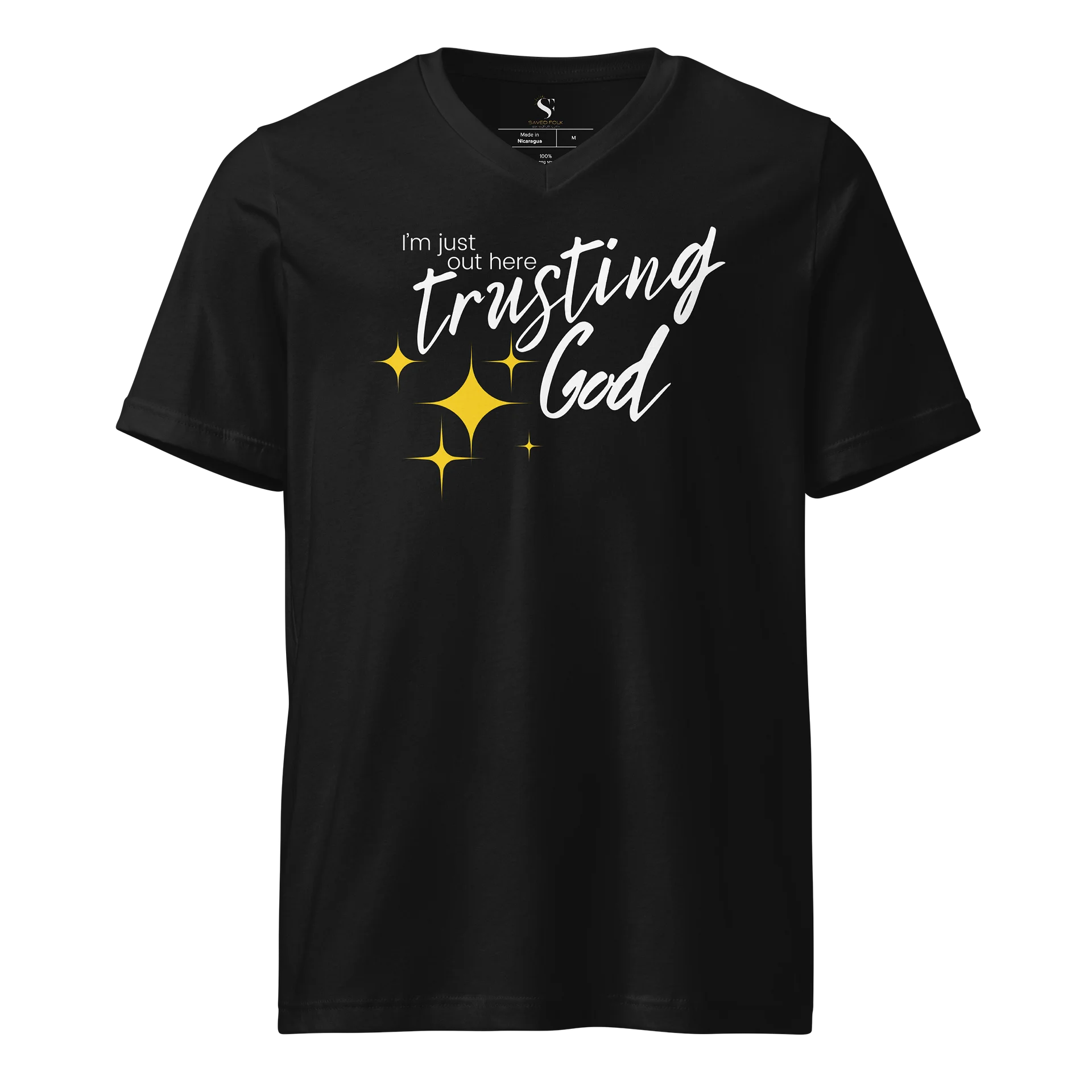 I'm Just Out Here Trusting God V-Neck Tee - Black - Lightweight and Stylish product image (2)