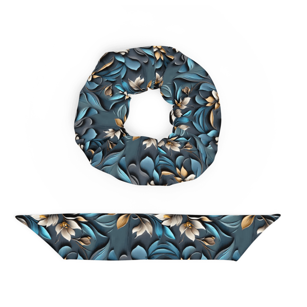 Hair Scrunchie - Sculpted Floral Pattern of Yellow-Brown Flowers on Textured Blue Background product image (5)
