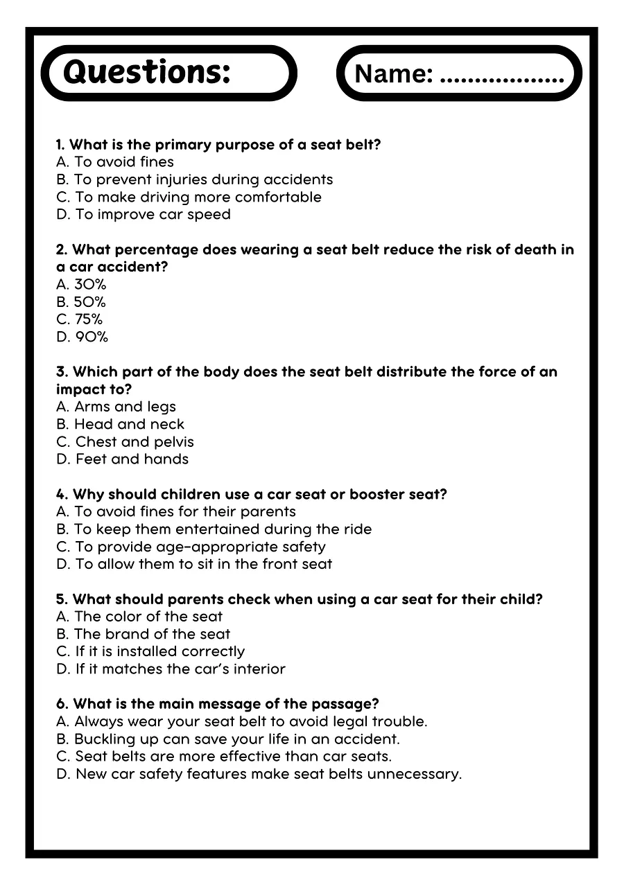 Seat Belt Safety Reading Passage with Comprehension Questions product image (3)