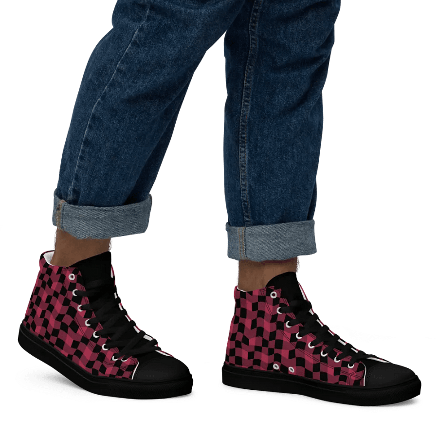 Magenta and Black Warped Checker Men's High Top Canvas Shoes product image (10)