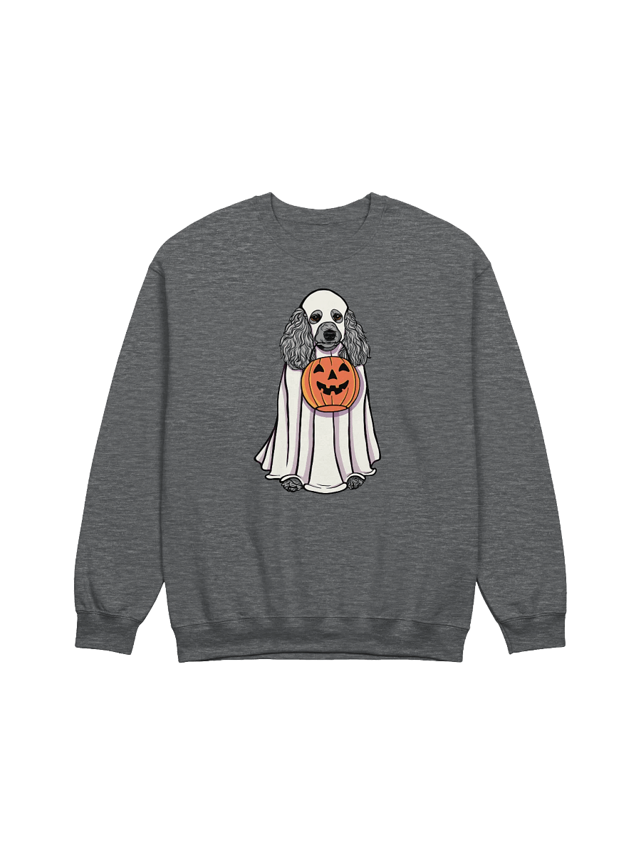 Funny Halloween Poodle(Silver) Sweatshirt | Funny Papillon Wearing a Ghost Costume and Holding a Pumpkin Basket product image (7)