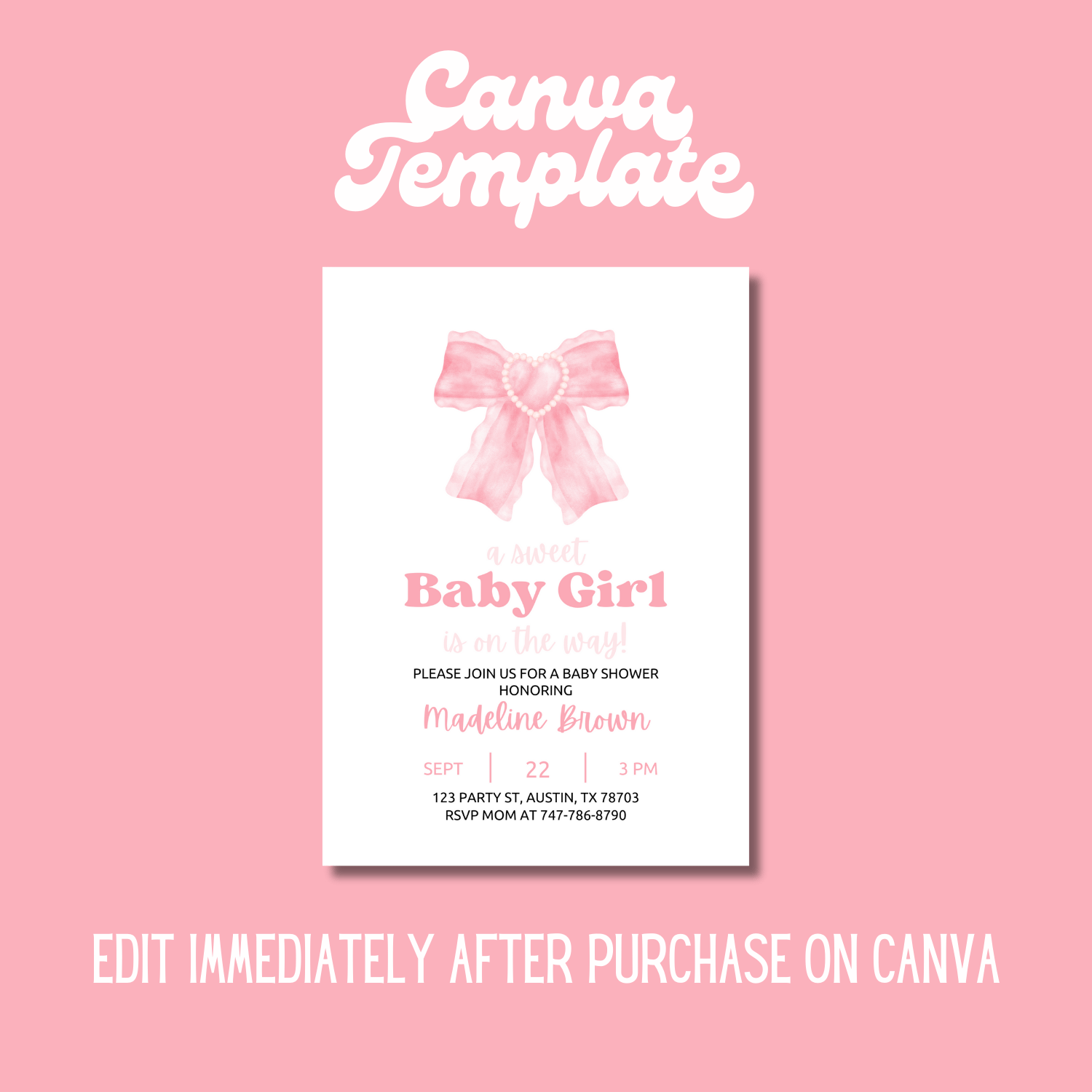 Baby Girl Shower Invitation Template – Canva Editable Ribbon and Lace Invite product image (4)
