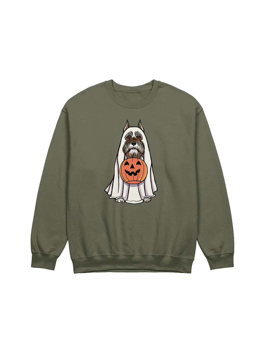 Funny Halloween Schnauzer(Cropped Ears Liver) Sweatshirt | Funny Schnauzer Wearing a Ghost Costume and Holding a Pumpkin Basket product image (17)