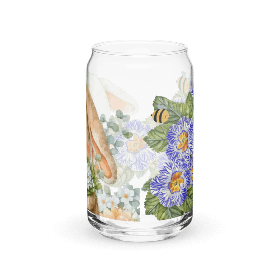 Garden Whispers: Bunny and the Primula Zebra Blues | 16oz Glass Can | Nature-Inspired Drinkware product image (8)