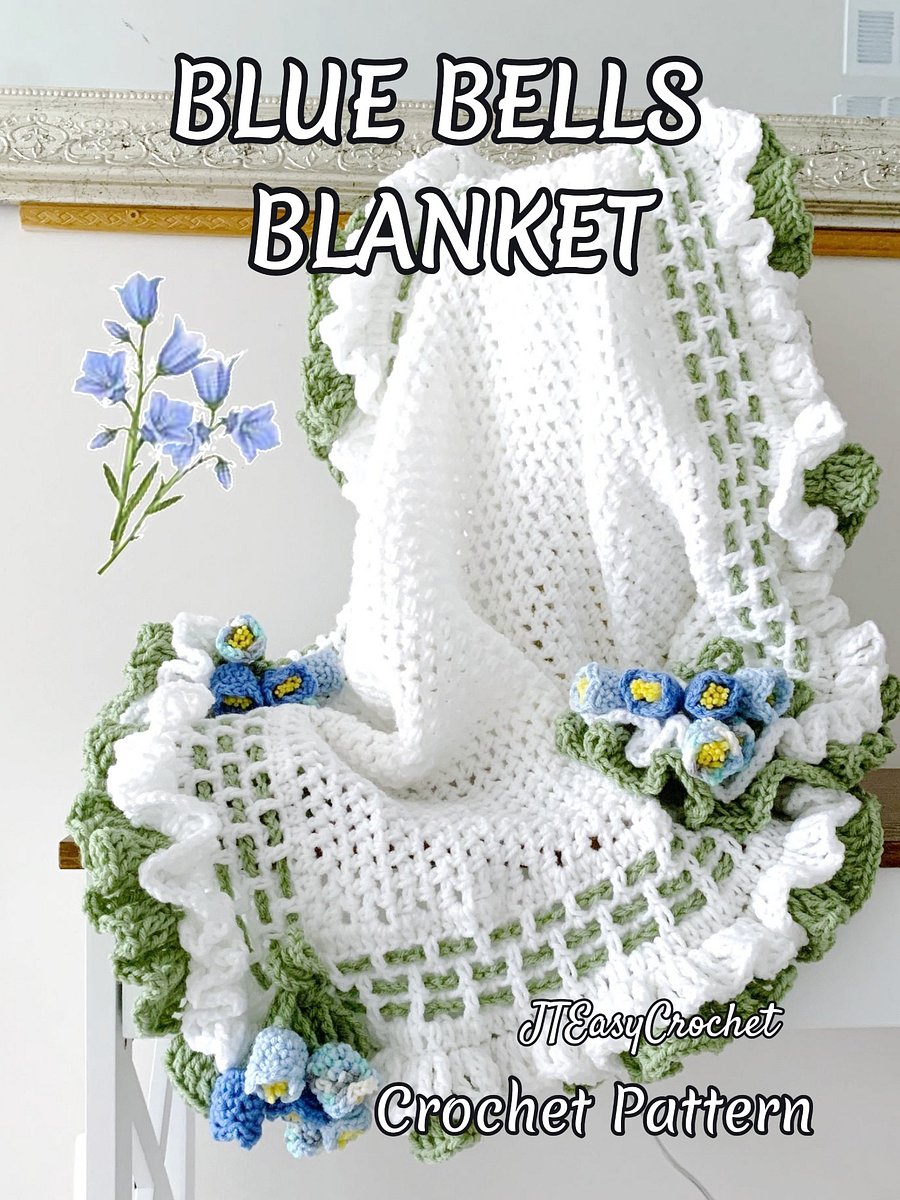 Blue Bells Flower Baby Girl Blanket Crochet Pattern, Infant Coming Home Blanket Floral Boho Throw Vintage Style product image (4)